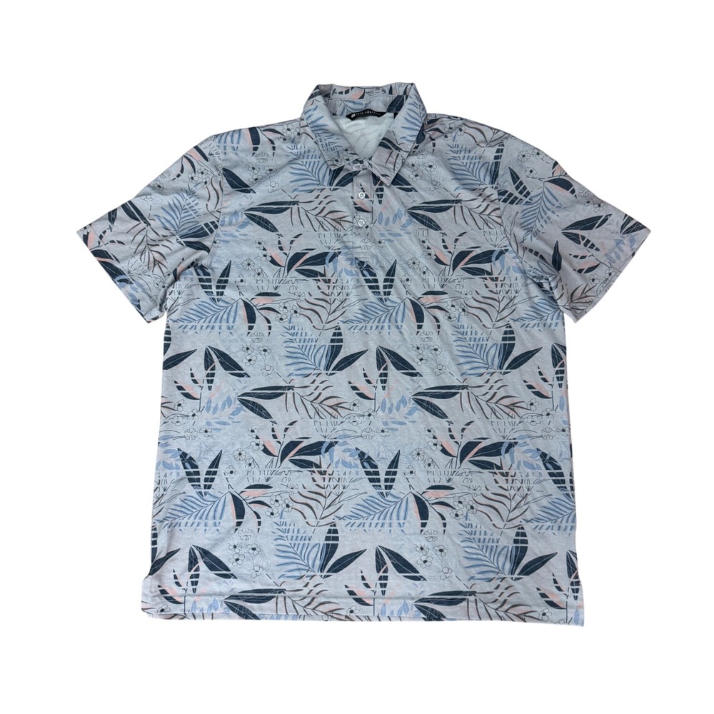 Travis Mathew Polo Shirt Mens XXL Tropical Palm Floral‎ Print Grey Lighweight